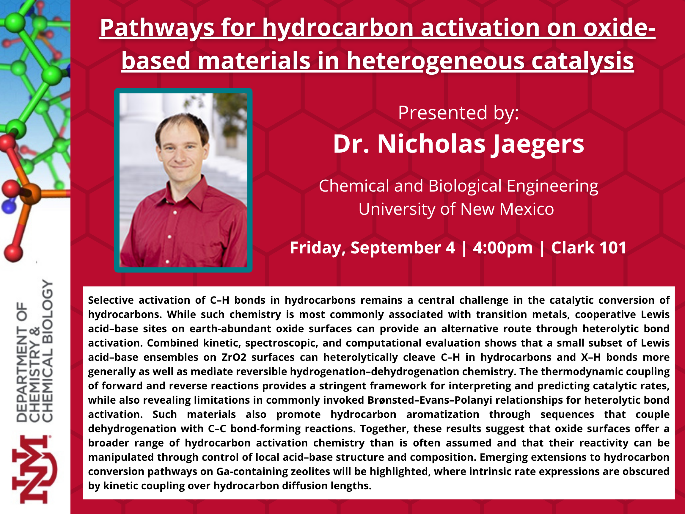 Dr. Nicholas Jaegers seminar flyer including title, headshot, and abstract