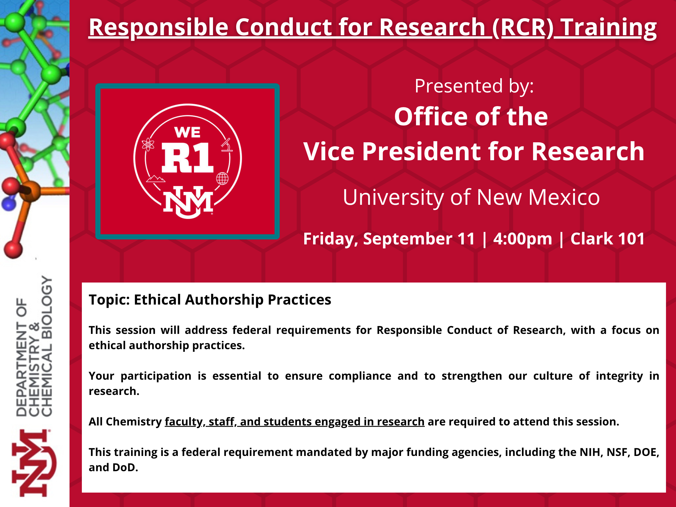 Seminar flyer with research training presenter name Office of the Vice President for Research, and description of training
