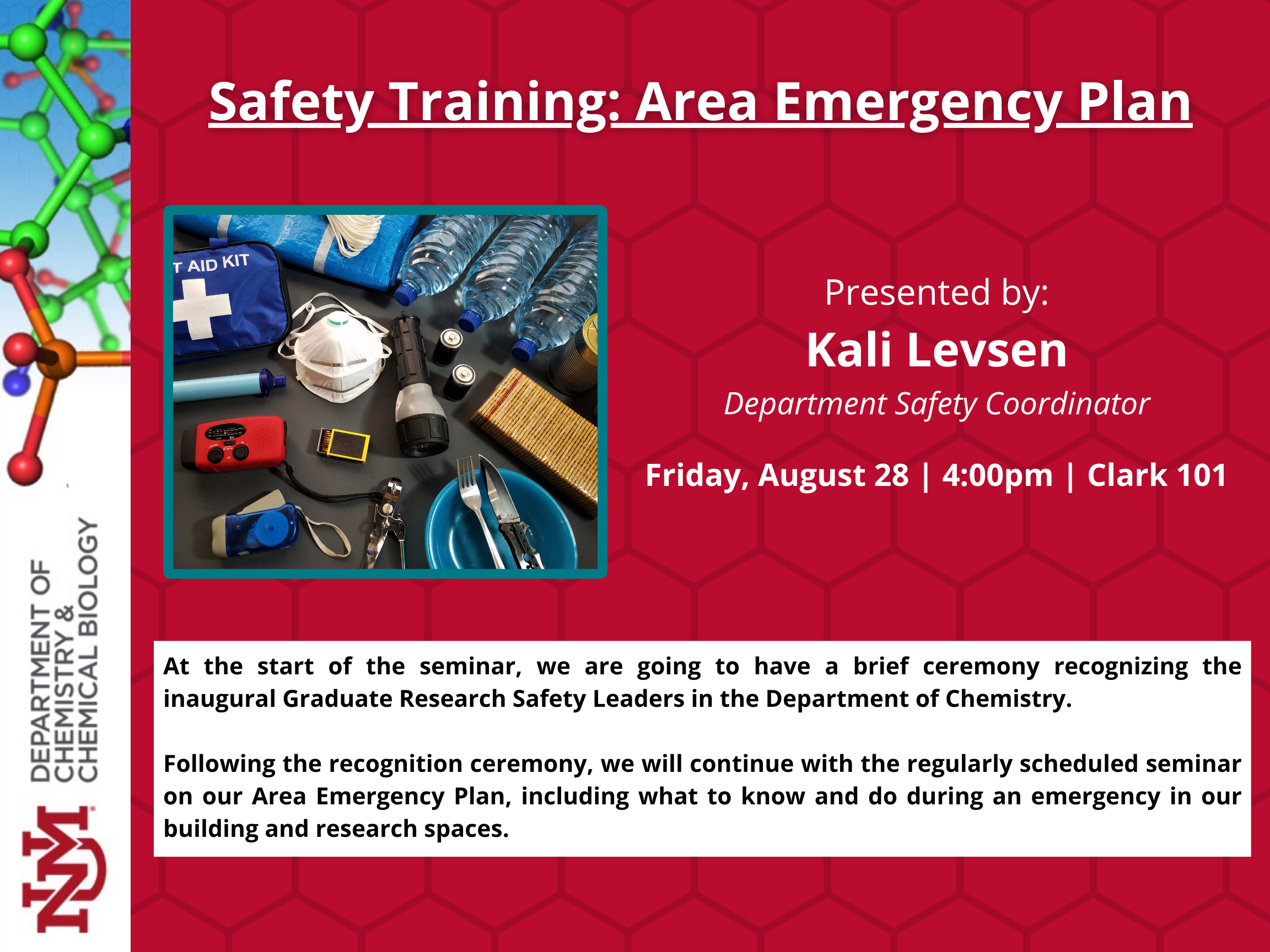 Seminar flyer with Safety training, presenter name Kali Levsen, and description of training